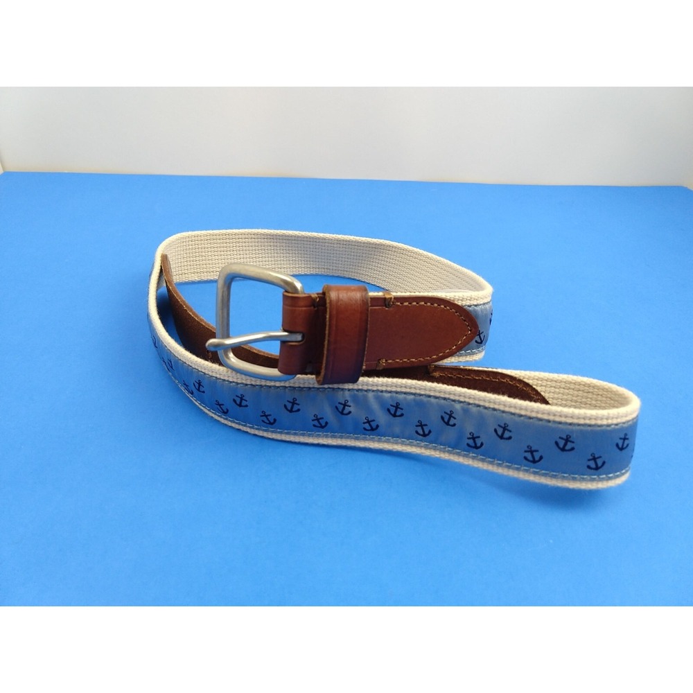 J. Crew Nautical Anchor Belt Beach Gear Blue Canvas Leather Size 32